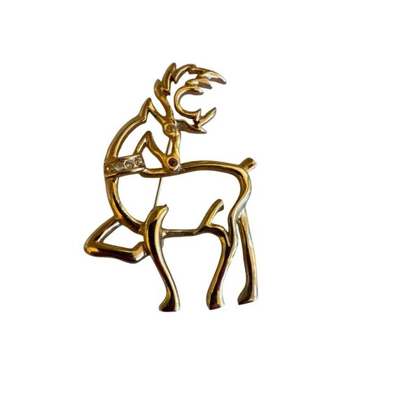 Vintage Gold Tone Reindeer Brooch Pin With Rhinestone Accents - Picture 1 of 3